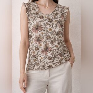 Rachel Zoe 100% Linen Boho Luxe Paisley Floral Tank Top Sleeveless Cream Chic